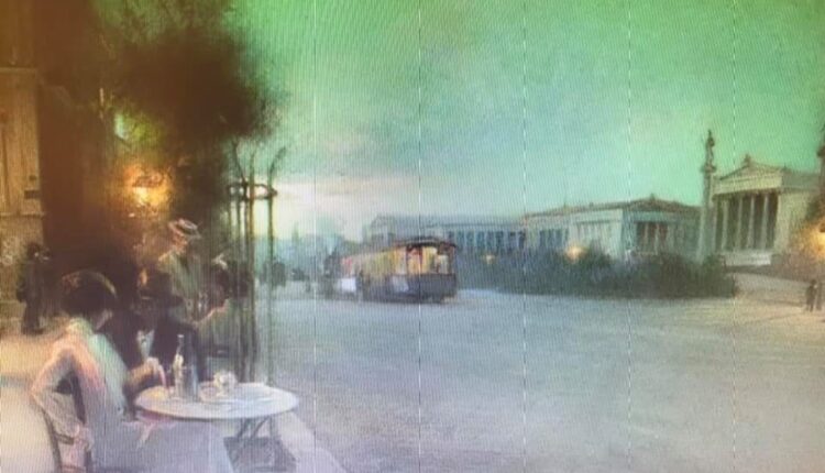 «Οδός Πανεπιστημίου», έργο του Παύλου Μαθιόπουλου (φωτογράφιση: Νίκος Δουγέκος, πηγή: Συλλογή της Αθηναϊκής Λέσχης). Το ζαχαροπλαστείο του Πετρίτση, στέκι των Αθηναίων απέναντι από το Οφθαλμιατρείο και την αθηναϊκή Τριλογία, έβγαζε τραπεζάκια στο πλακόστρωτο πεζοδρόμιο. Στο βάθος αριστερά διακρίνεται το Μέγαρο Σερπιέρη. Η Πανεπιστημίου, χωμάτινη ακόμα, φωτίζεται το σούρουπο από αναμμένους φανοστάτες. Φωτ. ΣΥΛΛΟΓΗ ΑΘΗΝΑΪΚΗΣ ΛΕΣΧΗΣ πηγή: Η ΚΑΘΗΜΕΡΙΝΗ